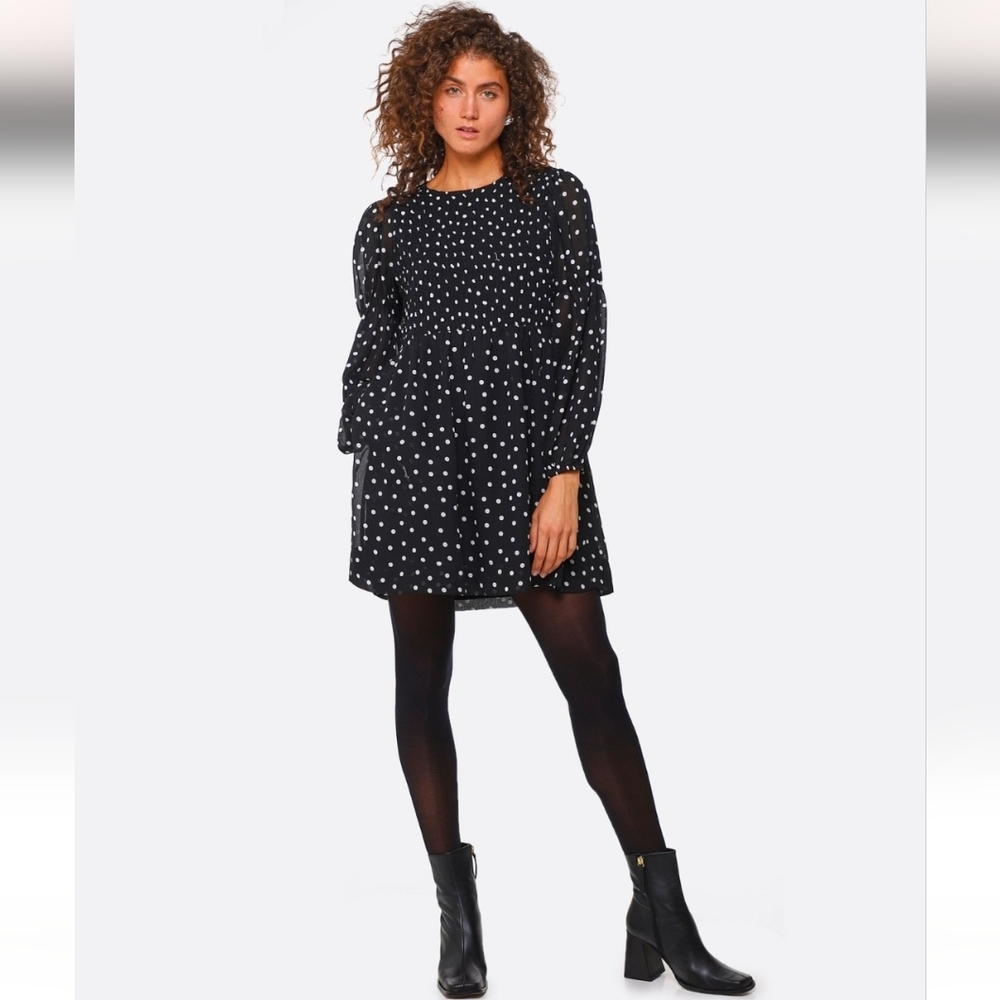 Ganni Black and White Polka Dot Long Sleeve Dress